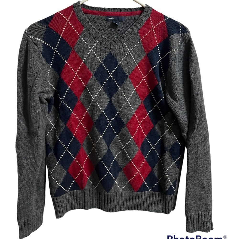 GapKids size 10 youth boys gray sweater with blue/red argyle.